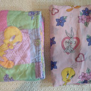 Vintage~Tweety Bird~Pastel Toddler Comforter & Looney Tunes TWIN FITTED Sheet